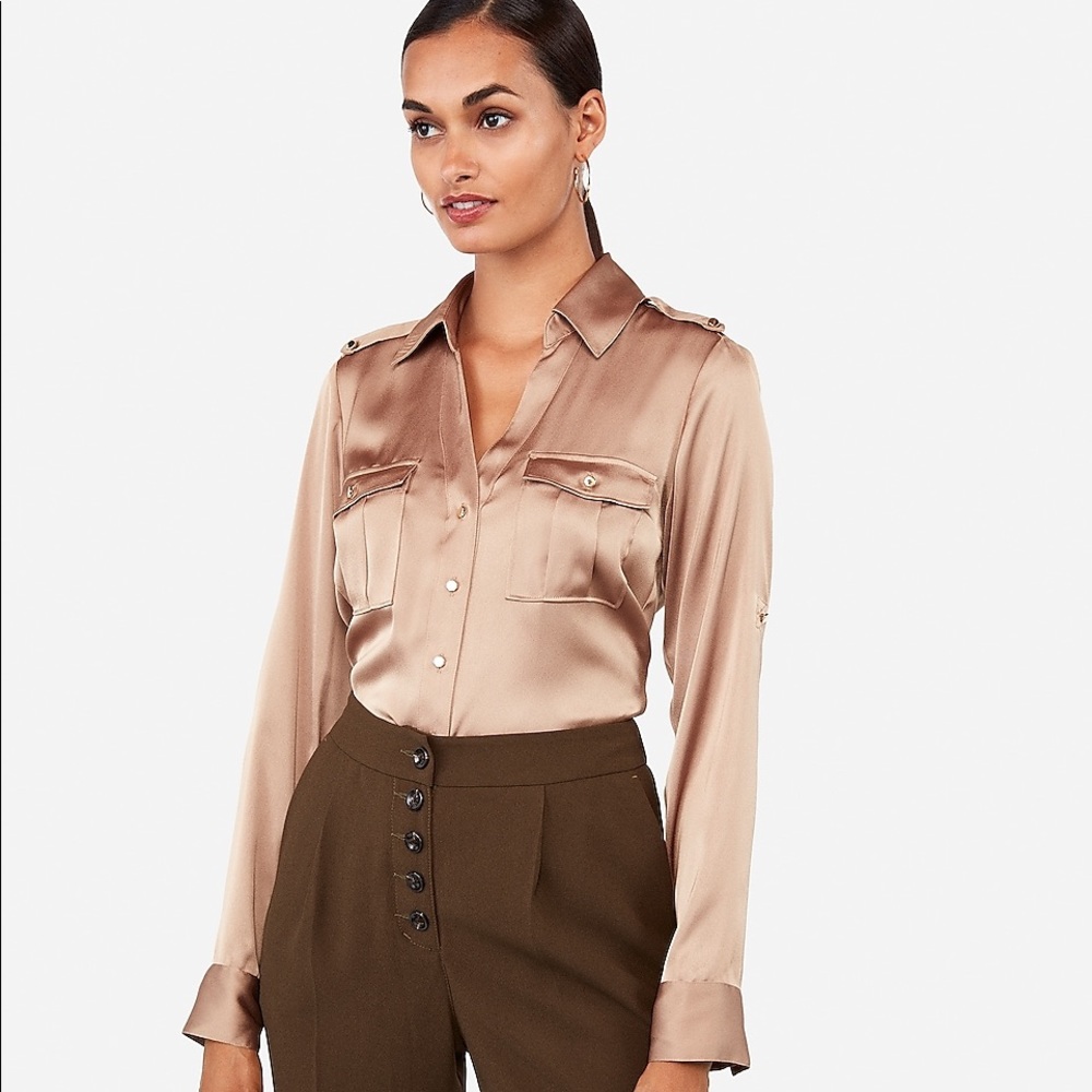 EXPRESS Gold Satin Military Portofino Shirt Size XS